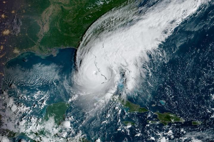 Hurricane Ian in the Gulf of Mexico about to strike the western coast of Florida.
