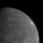 Gray-colored Mercury with bright ejecta visible in craters.