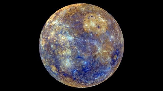Color-enhanced view of Mercury reveals a rainbow spectrum of minerals.