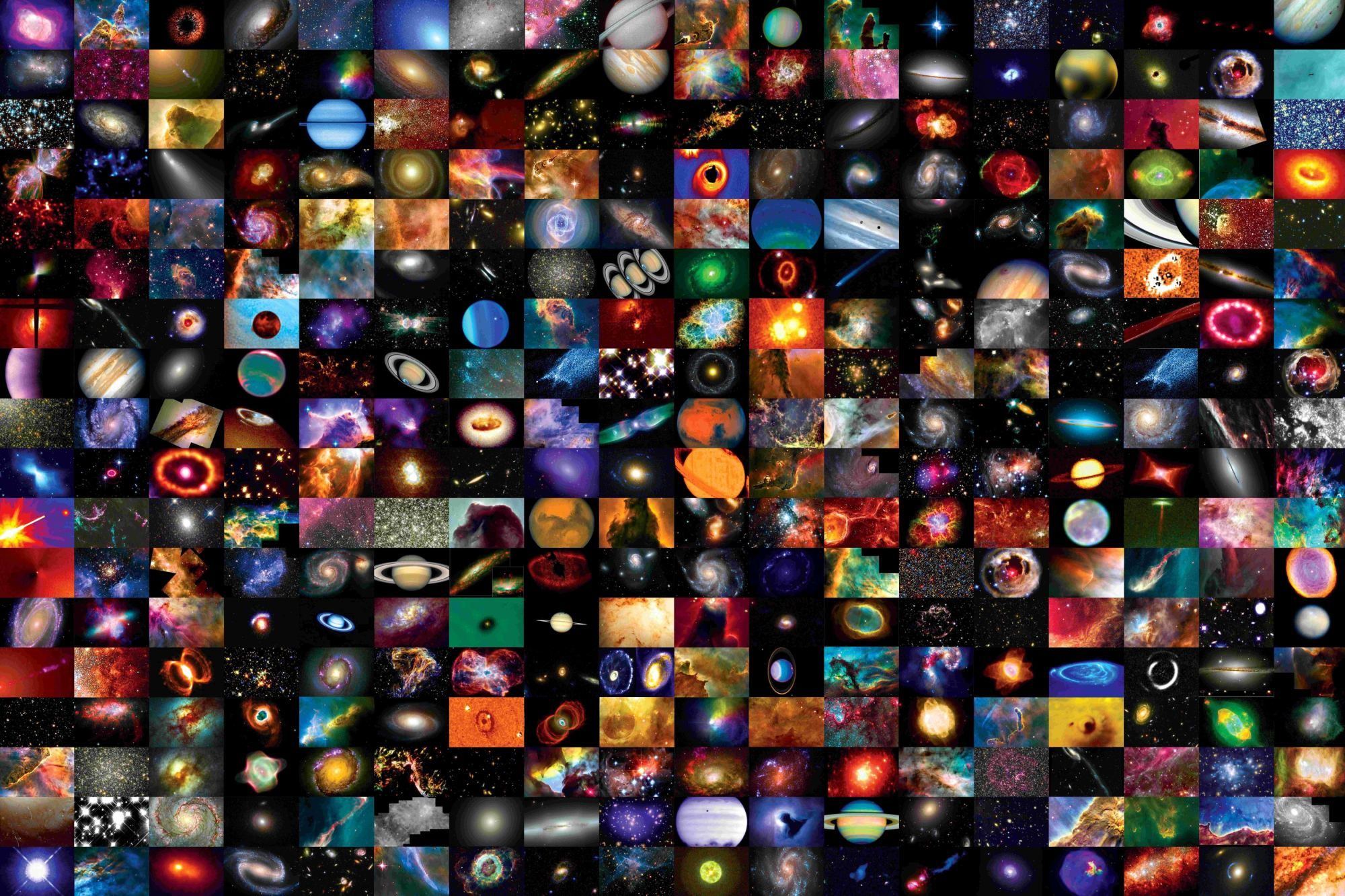 A colorful array of Hubble images. Rows and columns of images include the varied objects Hubble observes.