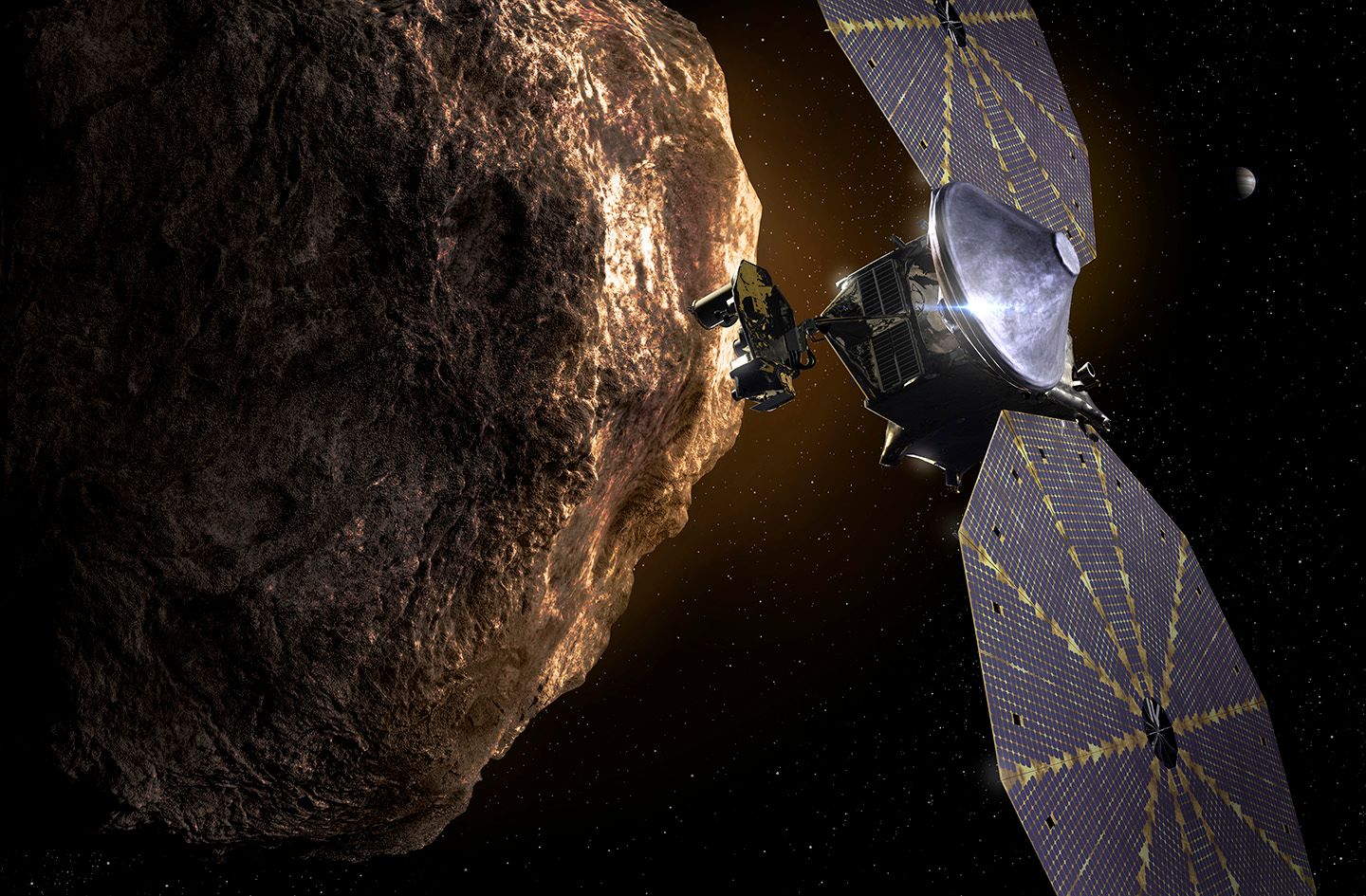 Illustration of a spacecraft at an asteroid.