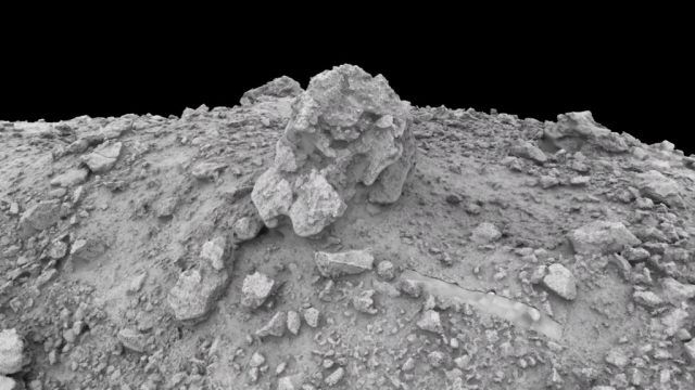Close up of rocky Bennu terrain in black and white