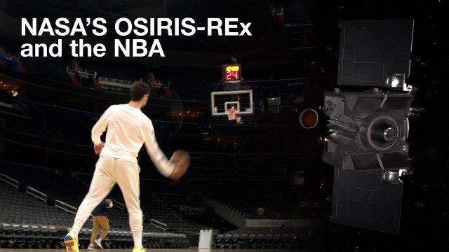A man bouncing a ball on a basketball court with an illustration of OSIRIS-REx off to one side. The image a still shot from a video.