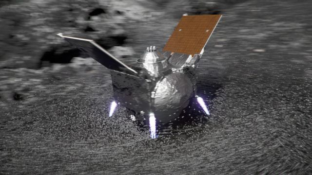 Illustration of a spacecraft touching down on an asteroid.