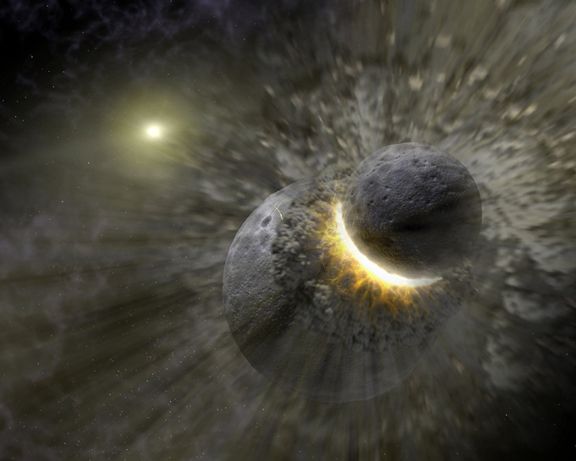 Illustration shows two planet-sized bodies crashing into each other with a massive explosion.