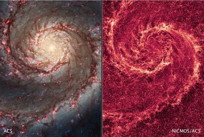 These images by NASA's Hubble Space Telescope show off two dramatically different views of the spiral galaxy M51, dubbed the Whirlpool Galaxy.