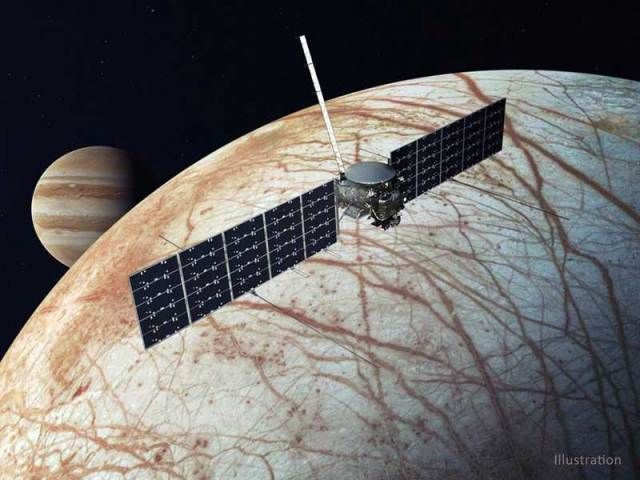 This illustration shows the Europa Clipper spacecraft approaching Jupiter's moon Europa.