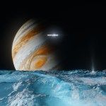 Illustration of the surface of Europa - shown as icy blue - with Jupiter behind it, and the Europa Clipper spacecraft in front of Jupiter.