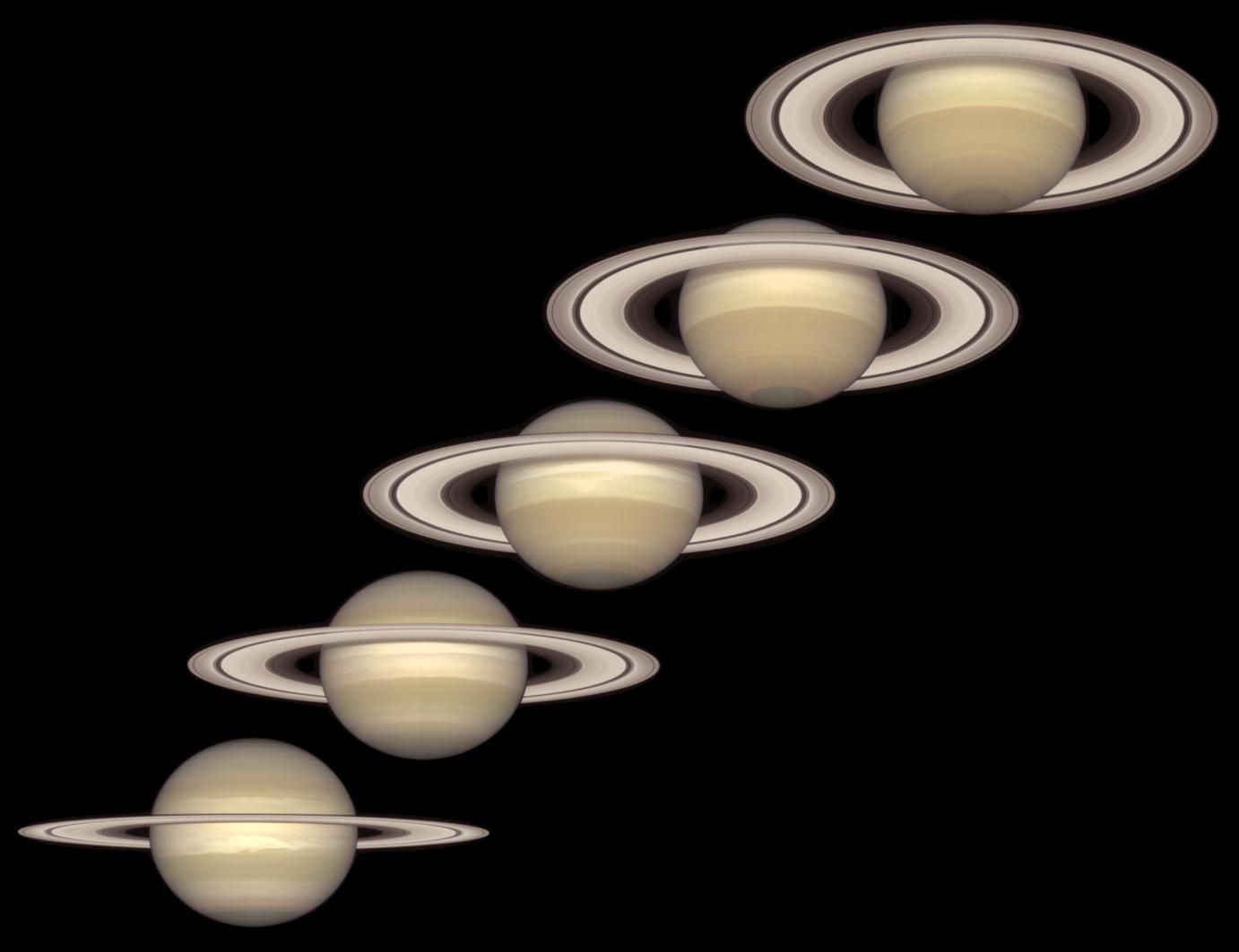 Five images of Saturn from lower left to upper right with each image showing Saturn and its rings tilted at different amounts.