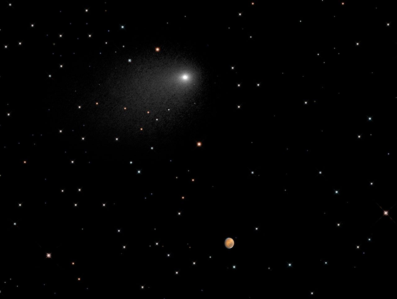 Comet and Mars close together against a backdrop of stars.