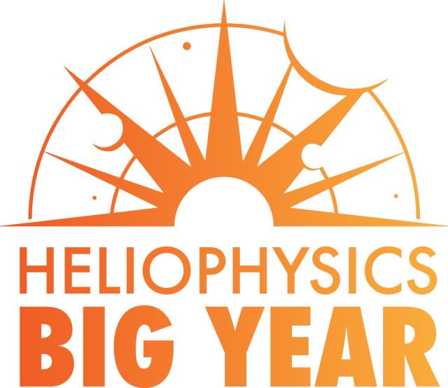 Top half of an orange sun burst and two circular orbits with the text ‘Heliophysics Big Year’