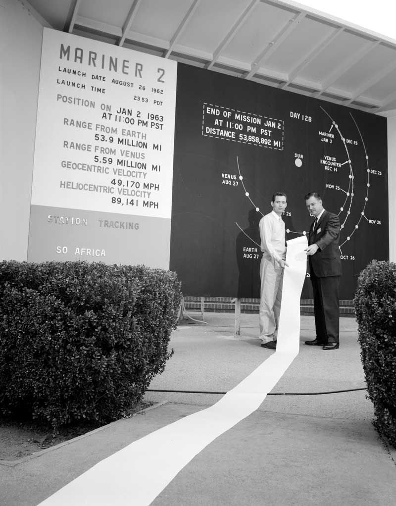 Two men displaying a 25-foot printout of all the data from the first planetary flyby in history.
