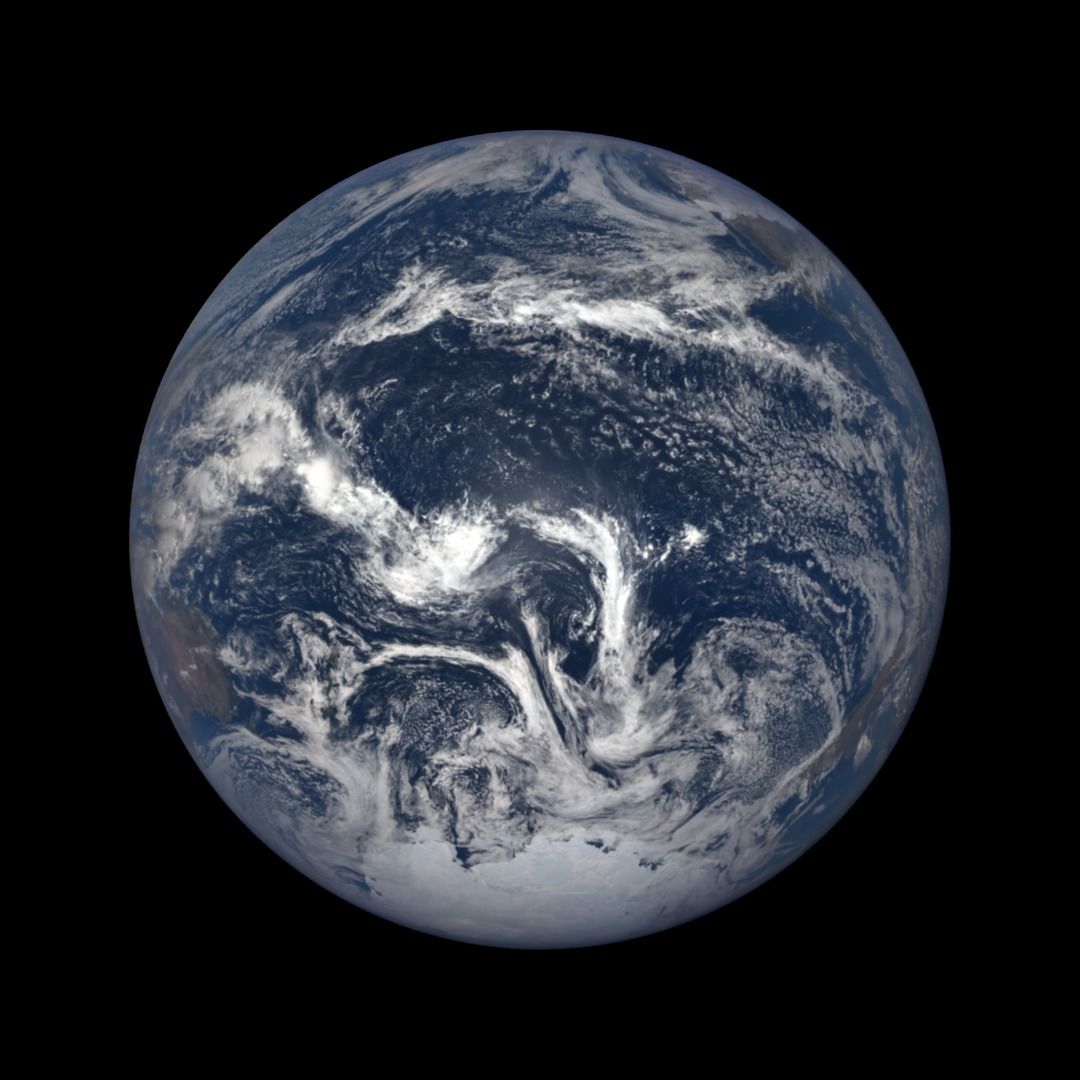 color, full-disc view of Earth from space with clouds and ocean