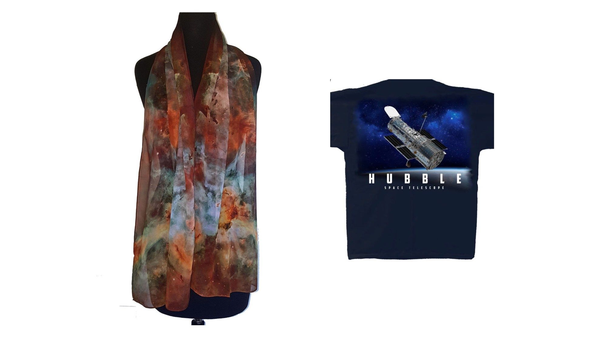 A woman's scarf based on a Hubble nebula image and a t-shirt with the spacecraft on it.