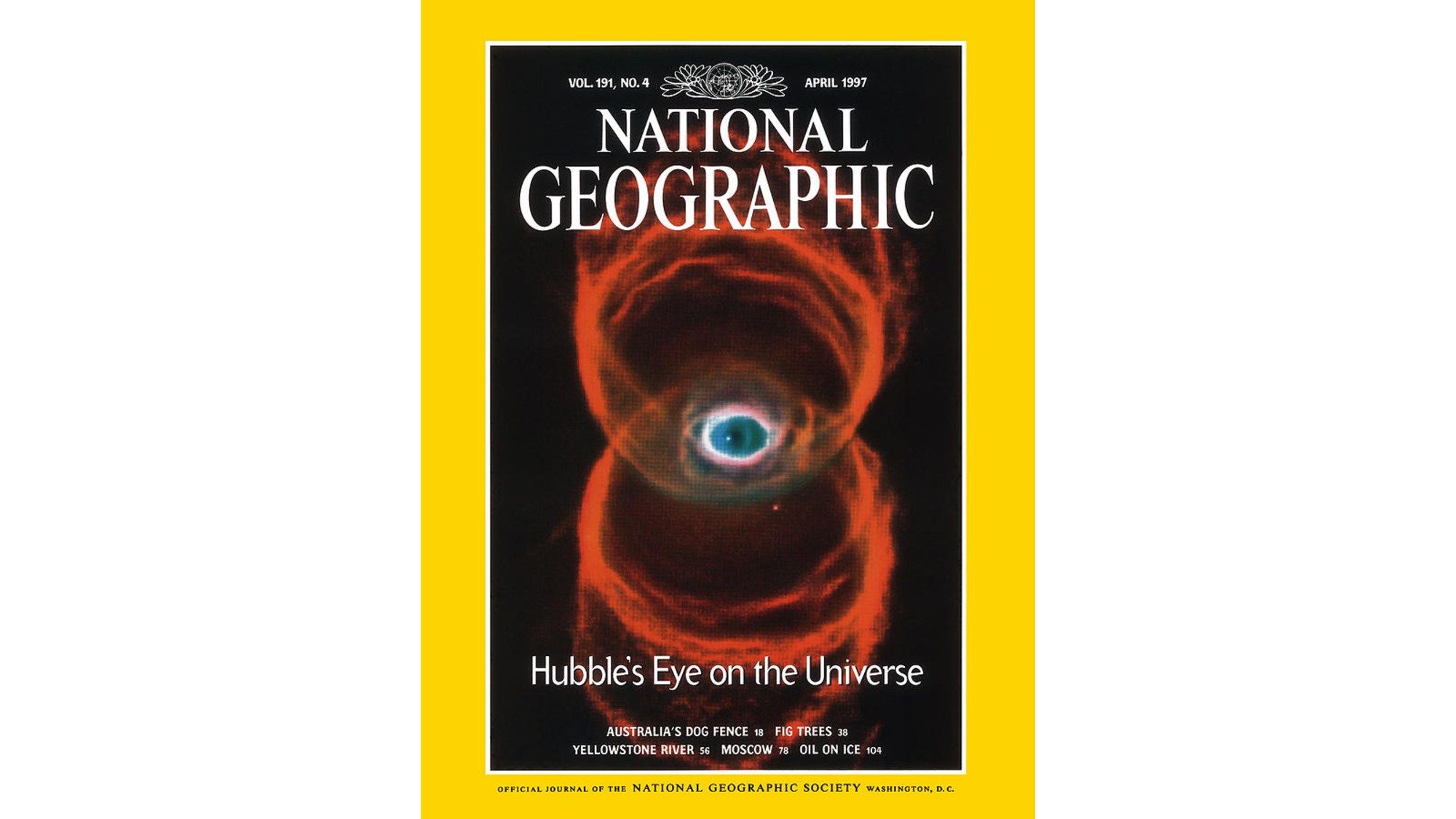 Cover of National Geographic Magazine with Hubble nebula image on it.