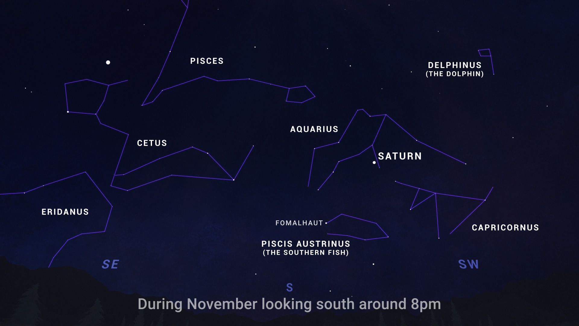 An illustrated sky chart shows the night sky facing southward, around 8pm in November 2023. Six constellations are depicted by lines that trace out their patterns of stars; from left to right: Cetus, Pisces, Aquarius, The Southern Fish, The Dolphin, and Capricornus. The planet Saturn is a bright white dot within Aquarius, at right of center.