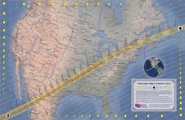 A map of North America showing the path of totality for the total solar eclipse on April 8, 2024.