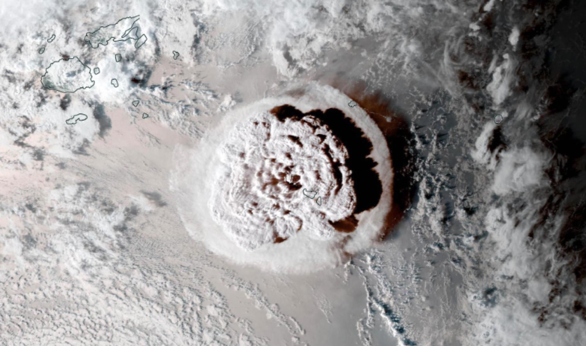 This image shows an umbrella cloud generated by the underwater eruption of the Hunga Tonga-Hunga Ha’apai volcano on Jan. 15, 2022.