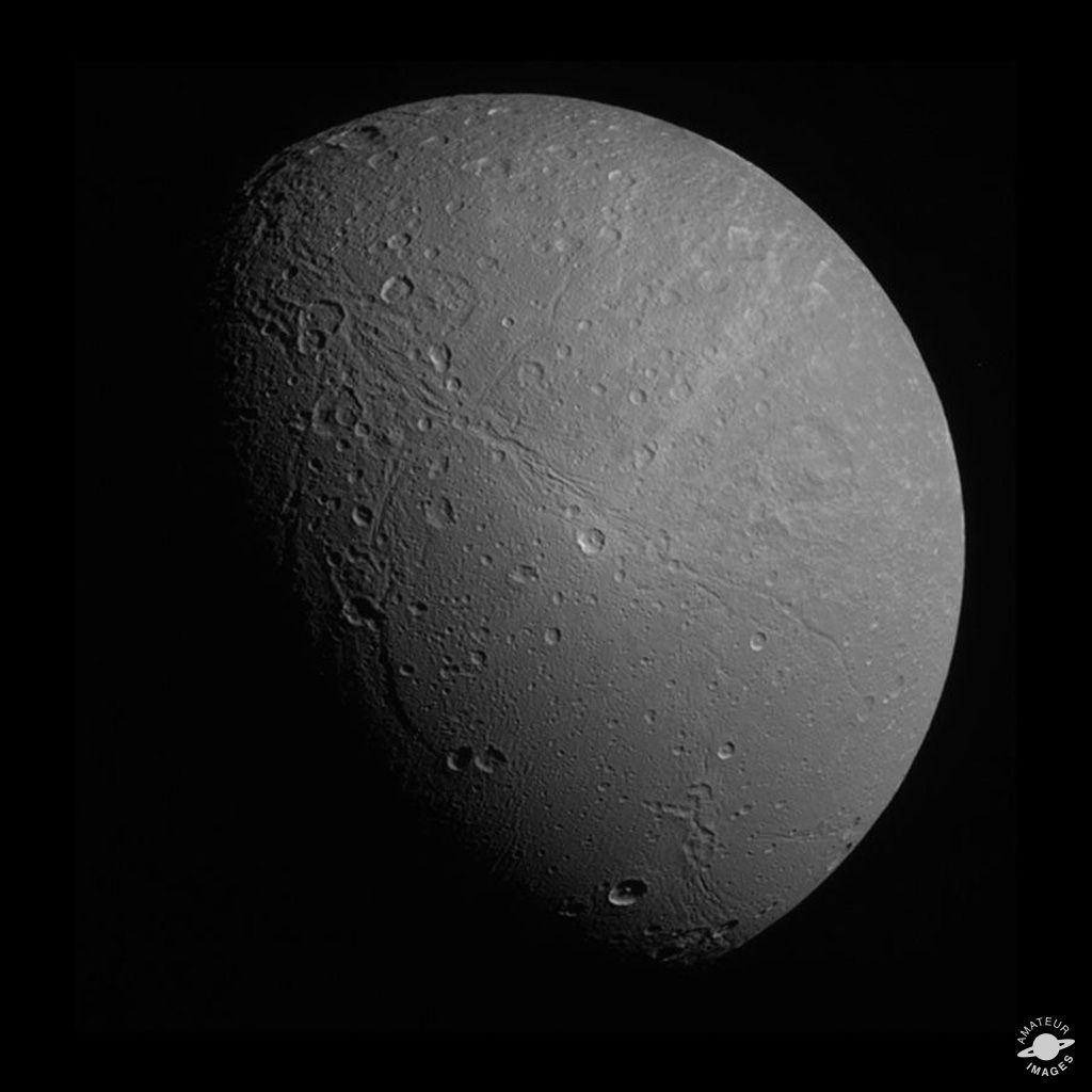 View of Dione processed to appear approximately true color