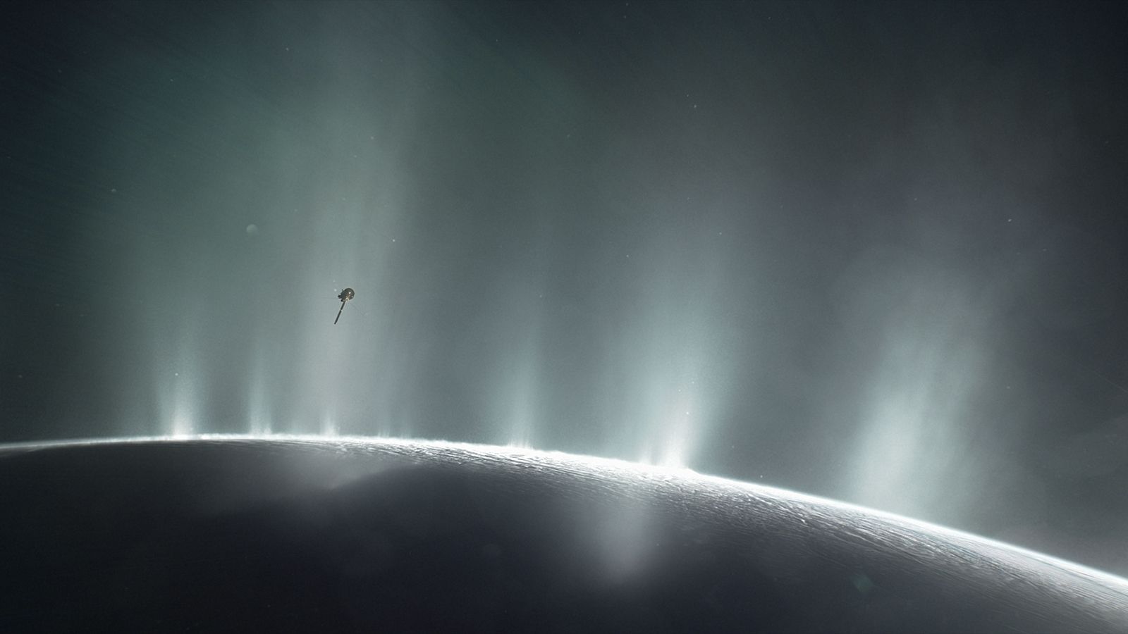 Illustration showing tiny spacecraft in Enceladus plume.