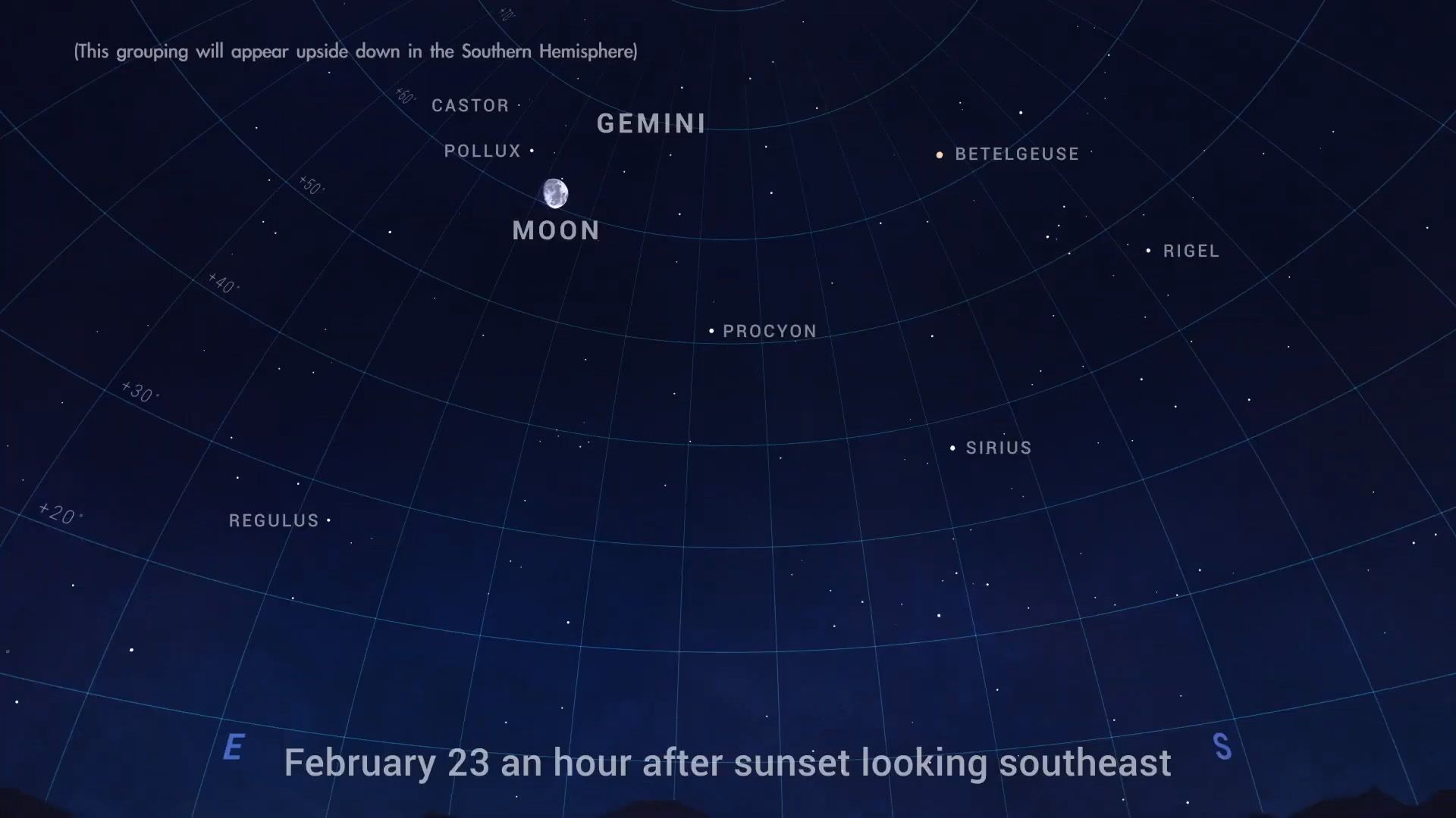 Chart showing Gemini and the Moon in the night sky to the southwest.