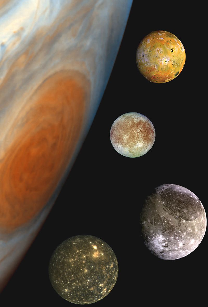 Composite image of Jupiter and its four largest moons Io, Europa, Ganymede, and Callisto