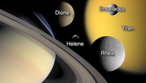 Saturn and the moons Titan, Enceladus, Dione, Rhea and Helene