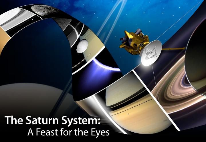 The Saturn System: A Feast for the Eyes  -- artists rendition of the Cassini spacecraft shown among images it has returned from the Saturnian system