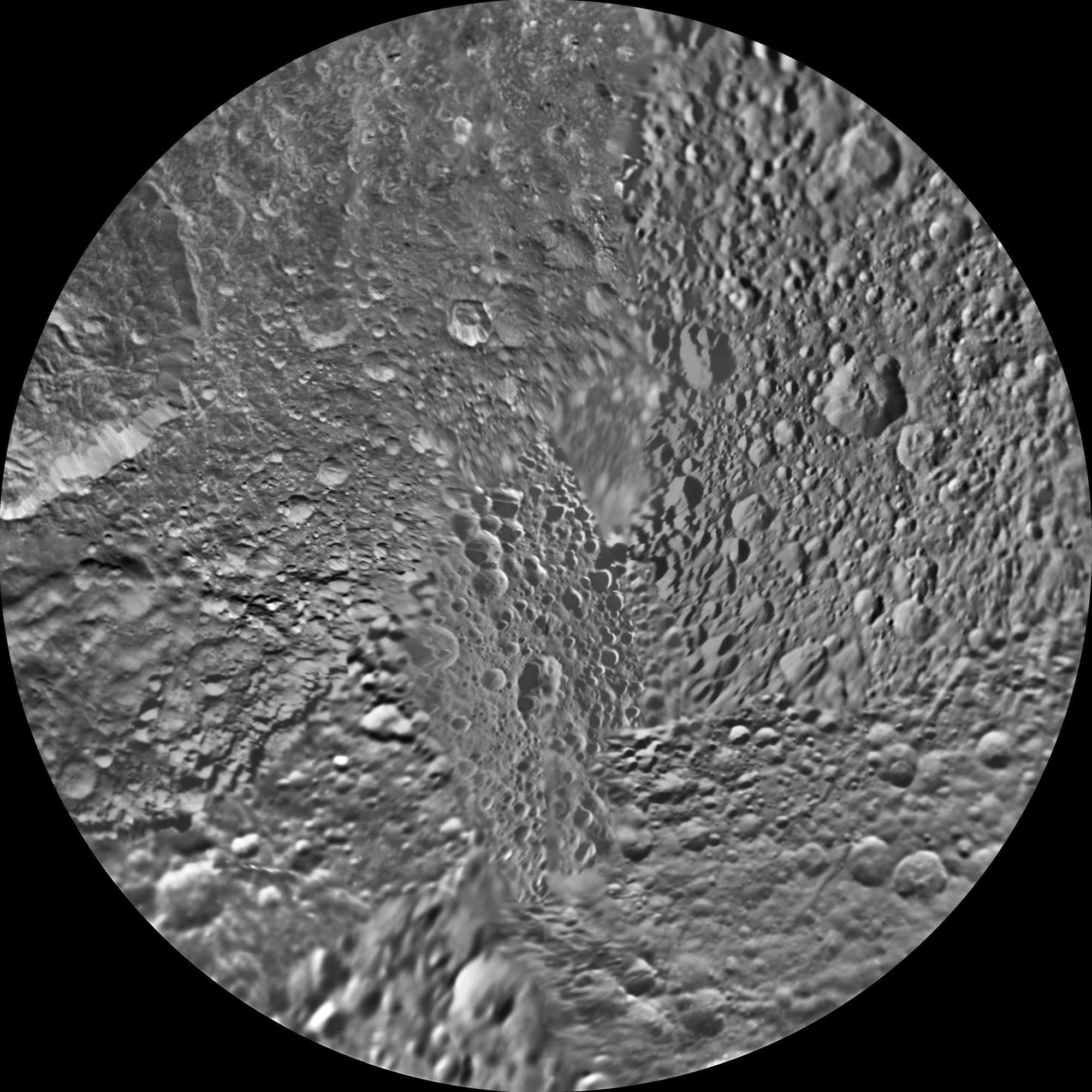 The northern and southern hemispheres of Saturn's moon Mimas are seen in these polar stereographic maps, mosaicked from the best-available Cassini and Voyager images.