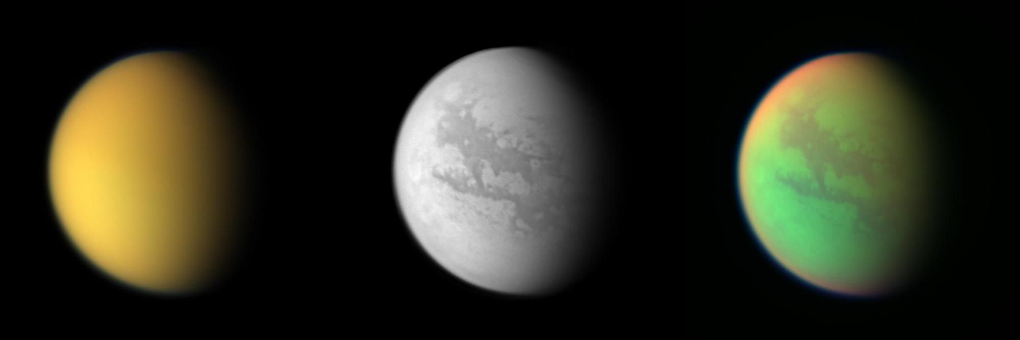 These three views of Titan from the Cassini spacecraft illustrate how different the same place can look in different wavelengths of light.