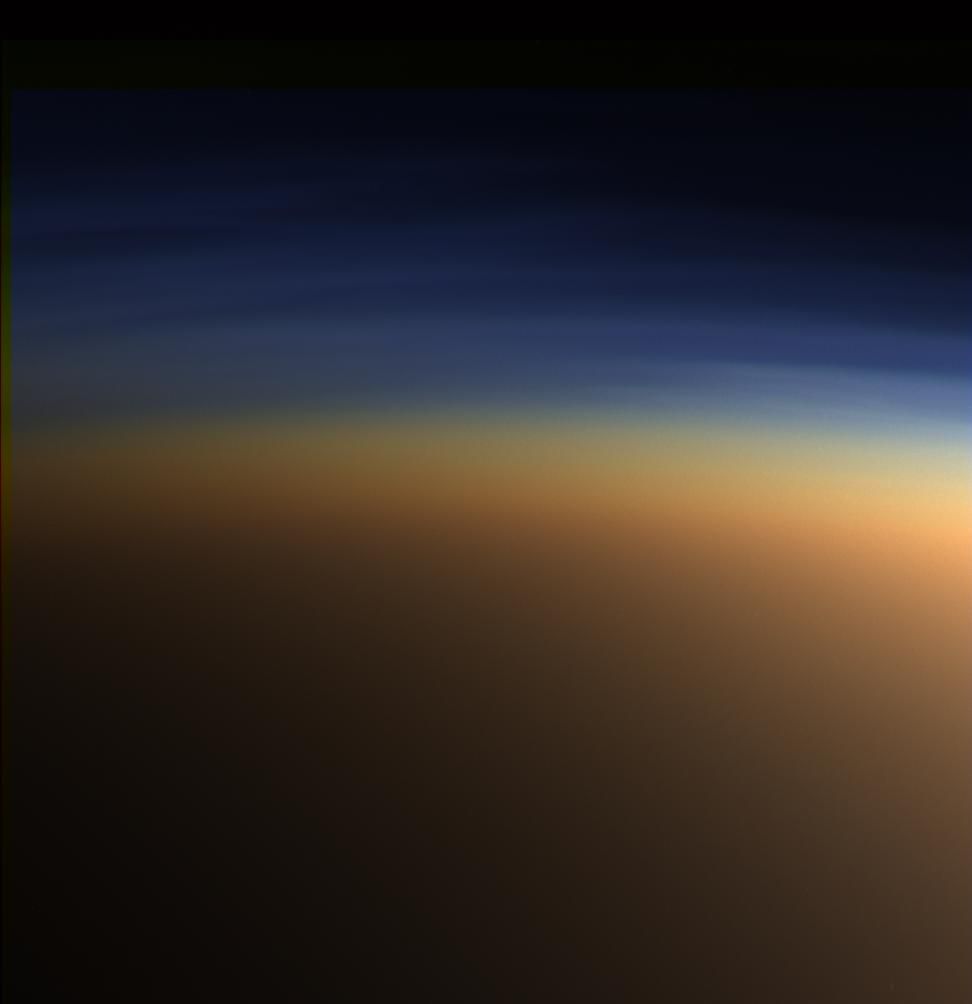 This natural color image shows Titan's upper atmosphere -- an active place where methane molecules are being broken apart by solar ultraviolet light and the byproducts combine to form compounds like ethane and acetylene.