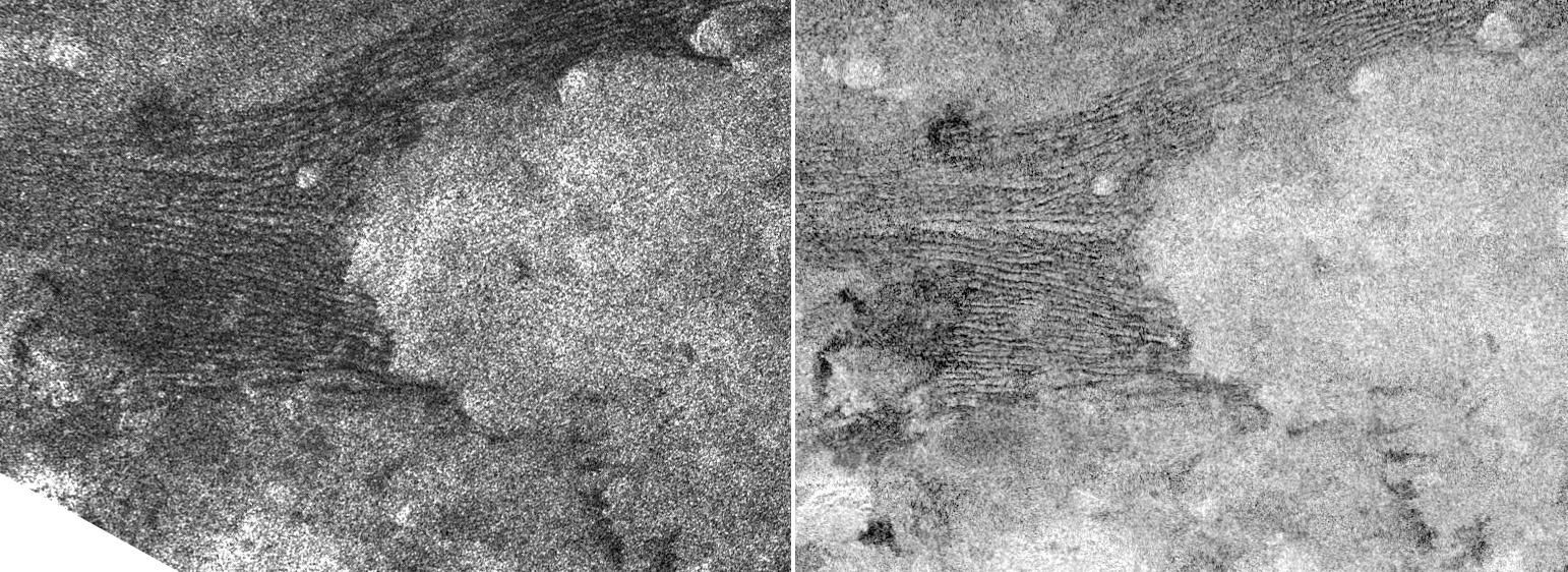 Two different views of a field of dunes on Titan