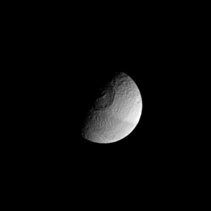 Although Mimas holds the unofficial designation of 'Death Star moon,' Tethys is seen here also vaguely resembling the space station from Star Wars.