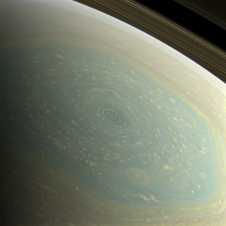 The north pole of Saturn, in the fresh light of spring, is revealed in this color image from NASA's Cassini spacecraft.