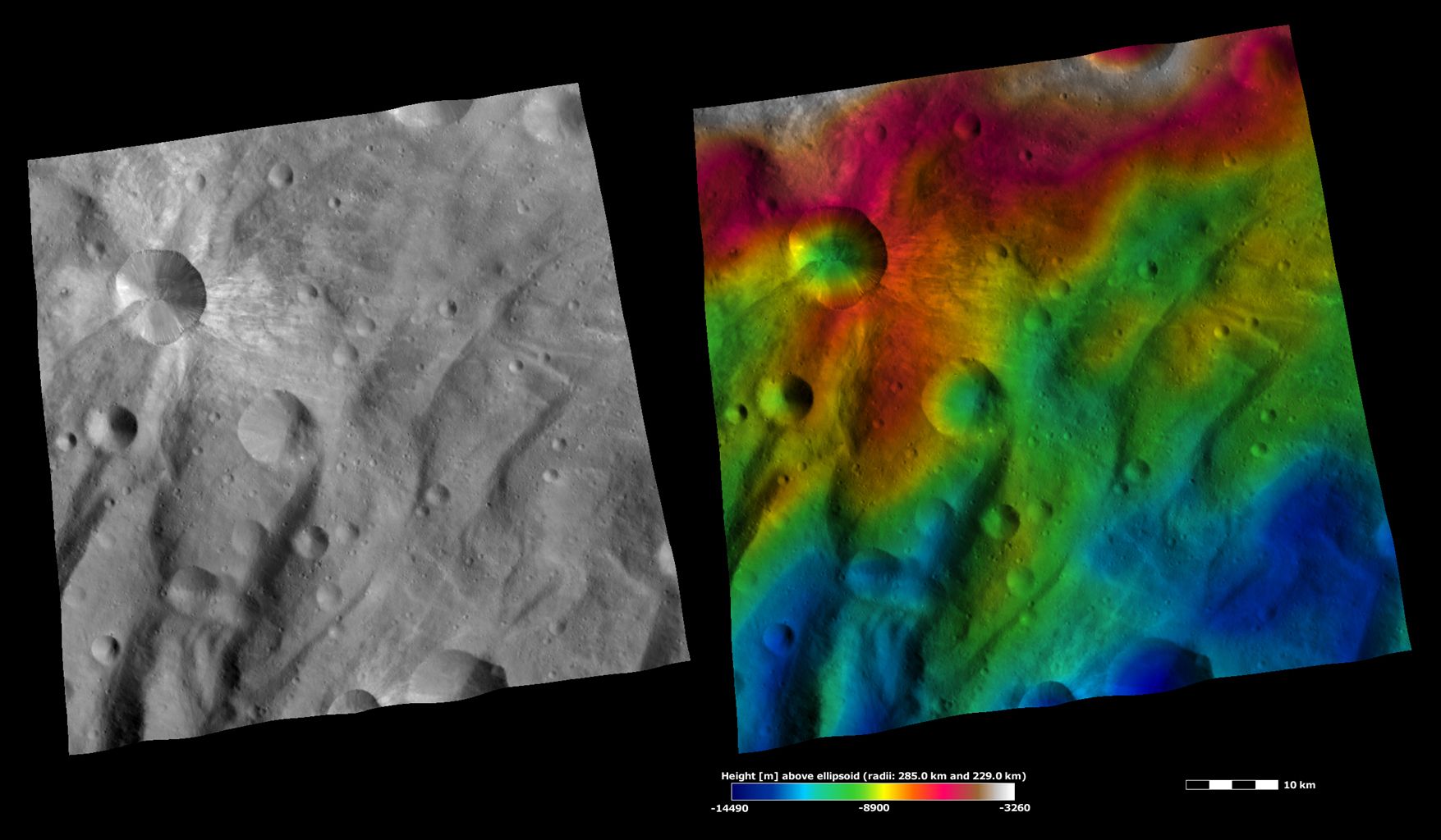 Apparent Brightness and Topography Images of Canuleia Crater