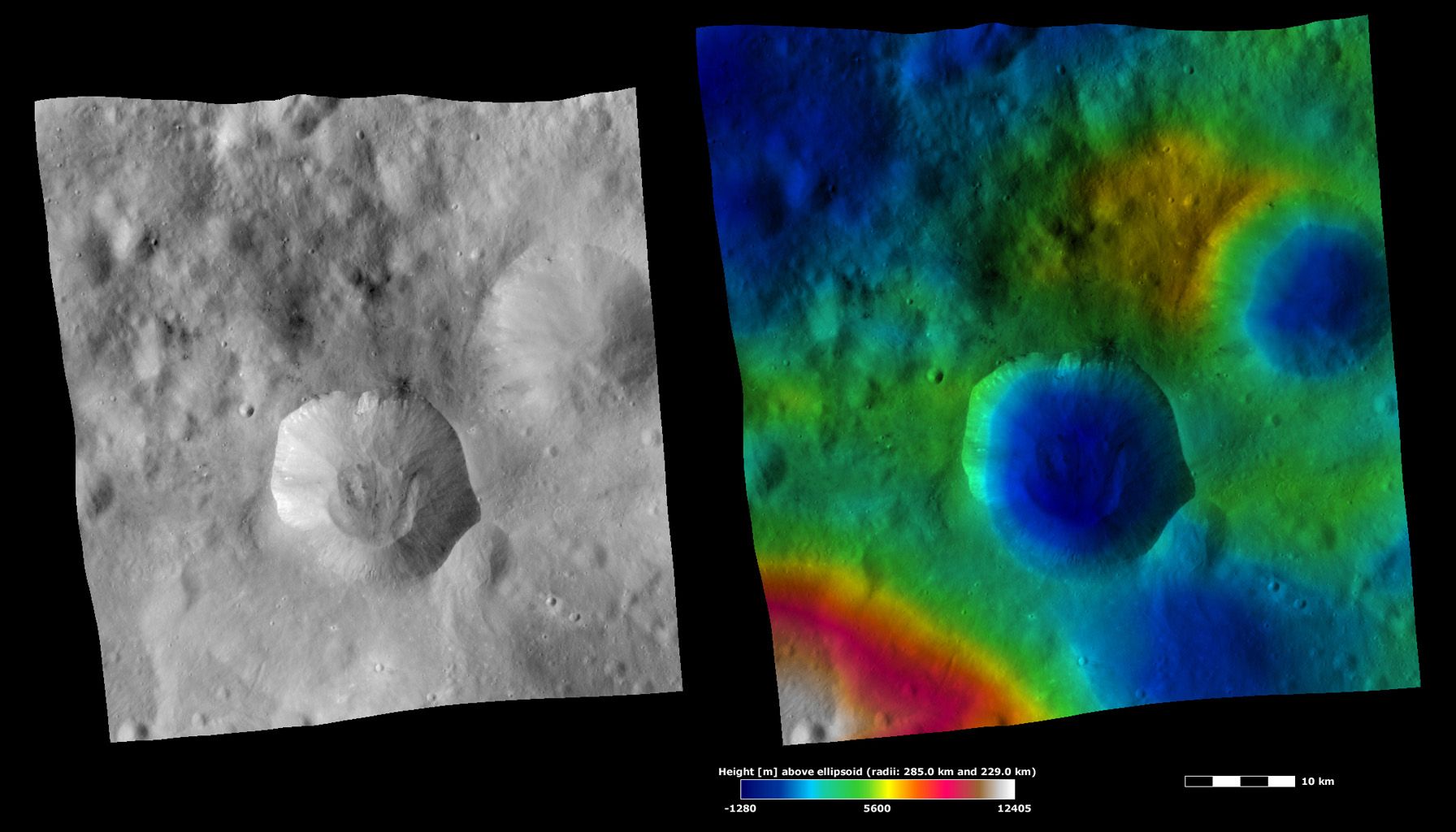 Apparent Brightness and Topography Images of Drusilla Crater