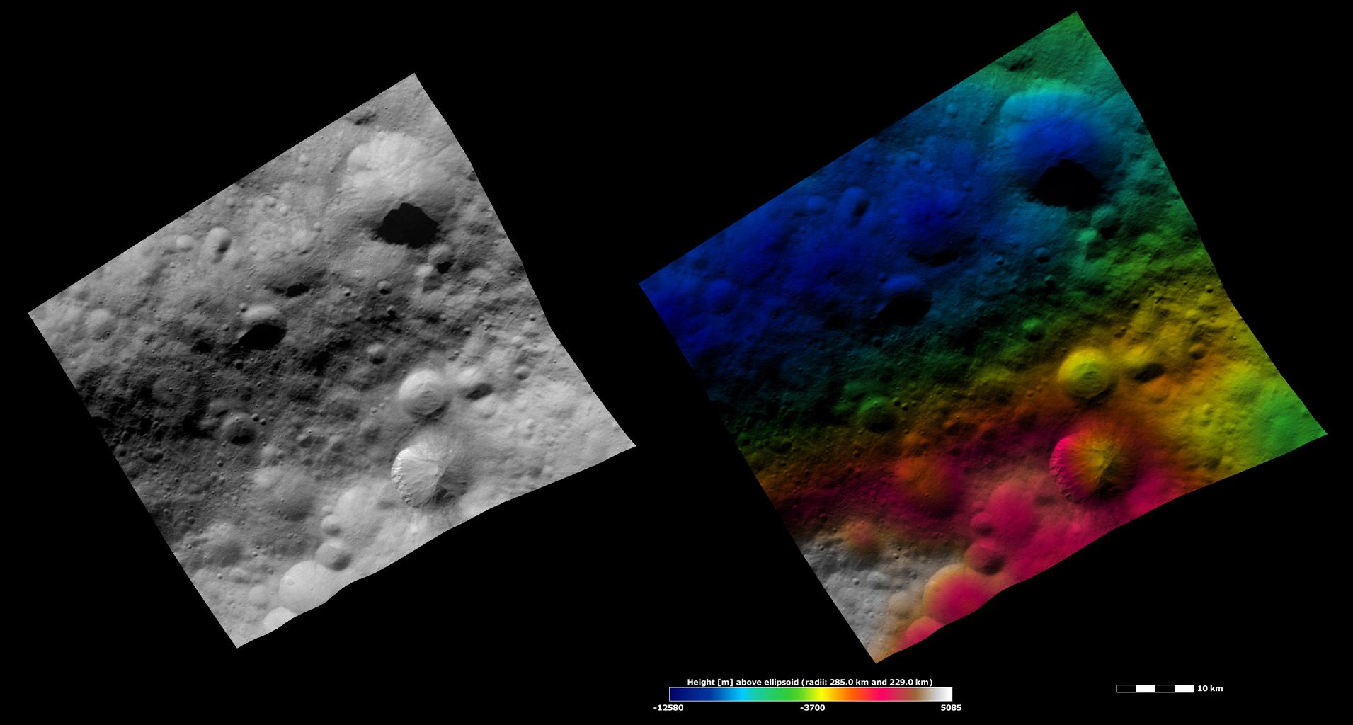 Apparent Brightness and Topography Images of Fabia Crater