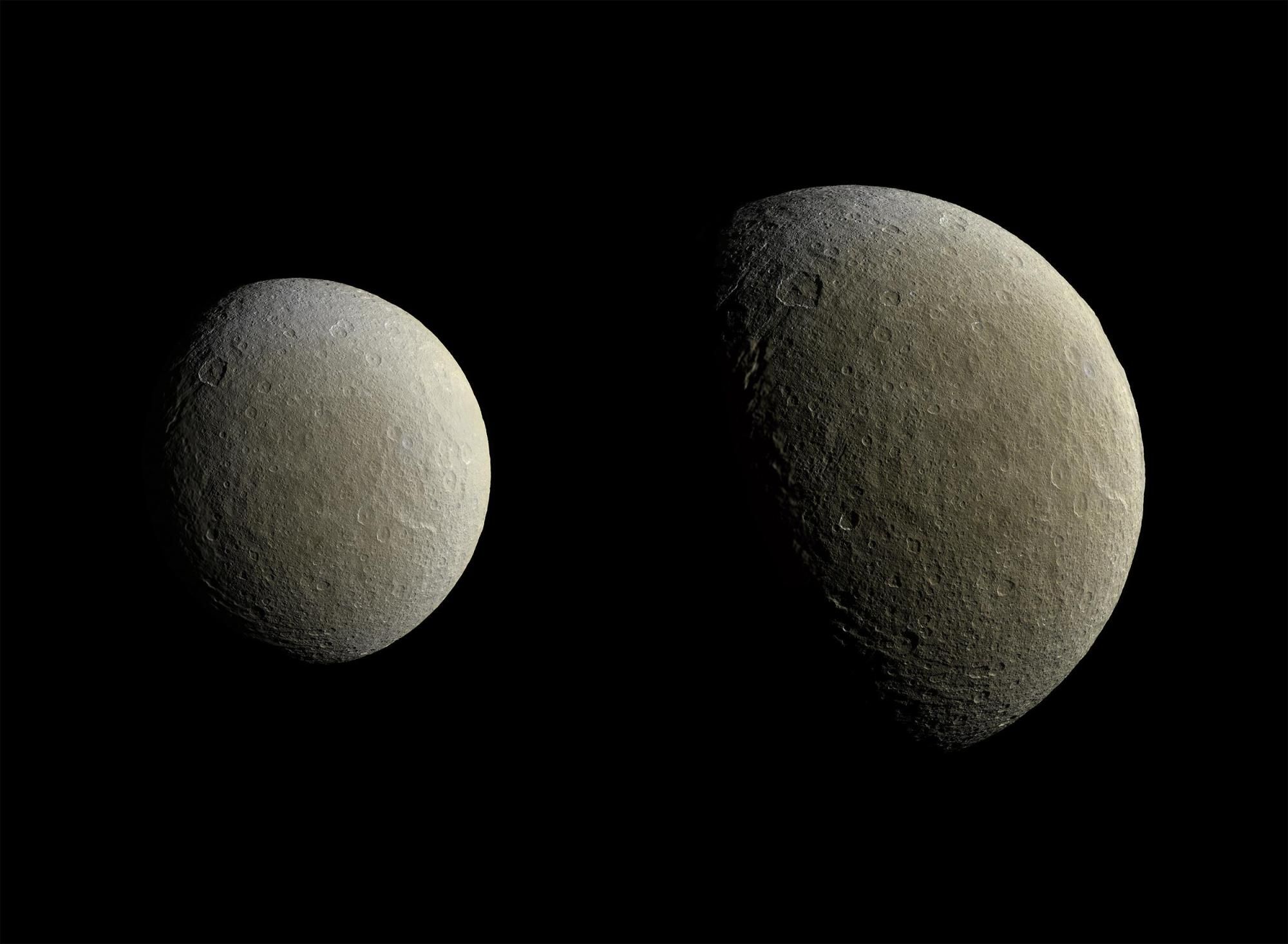 Two views of Rhea taken about an hour and a half apart as Cassini drew closer to the moon.