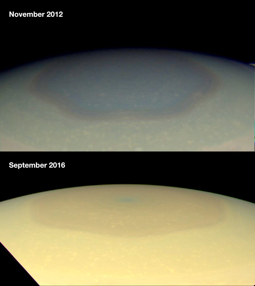 Side by side images of the hexagon on Saturn's north pole
