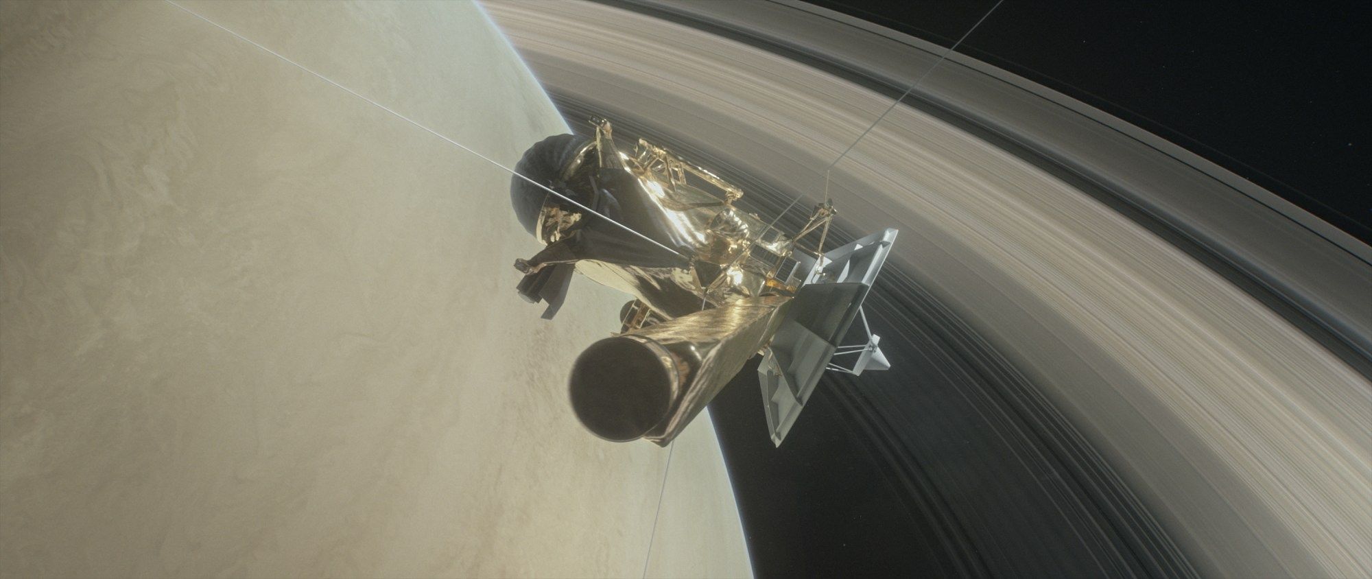 Illustration of Cassini diving between the rings of Saturn.