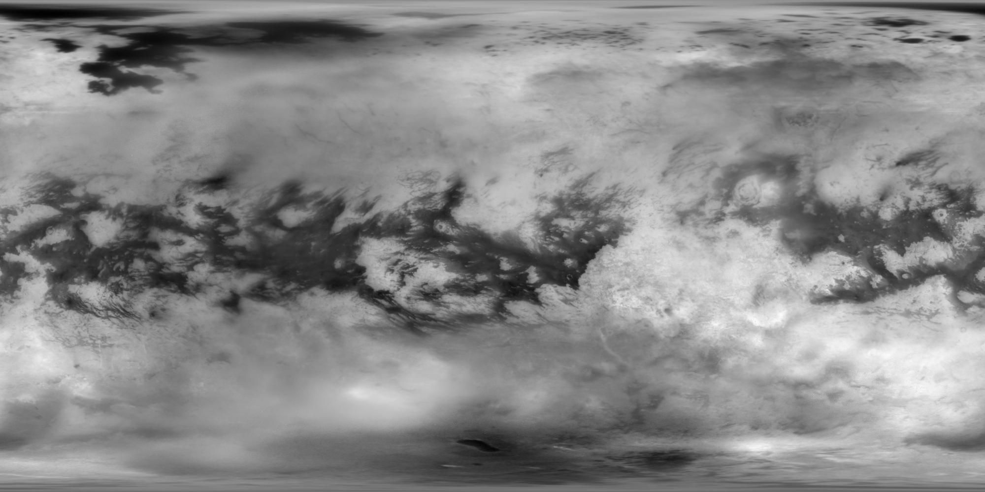 Global black and white view of Titan's surface.