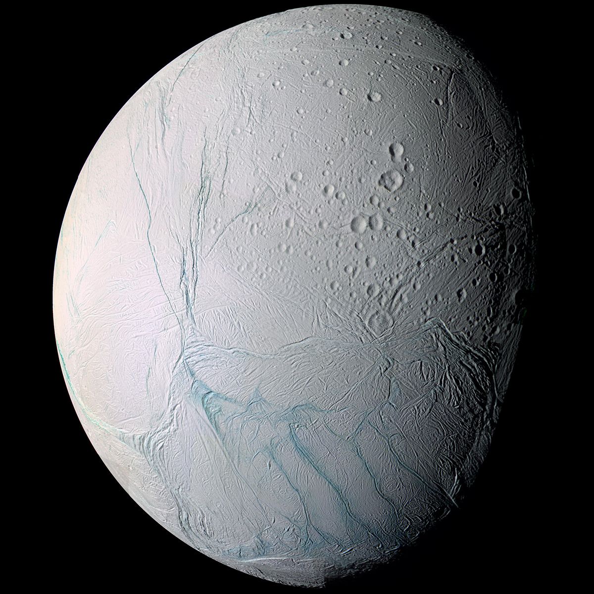 As it swooped past the south pole of Saturn's moon Enceladus on July 14, 2005, Cassini acquired high resolution views of this puzzling ice world.