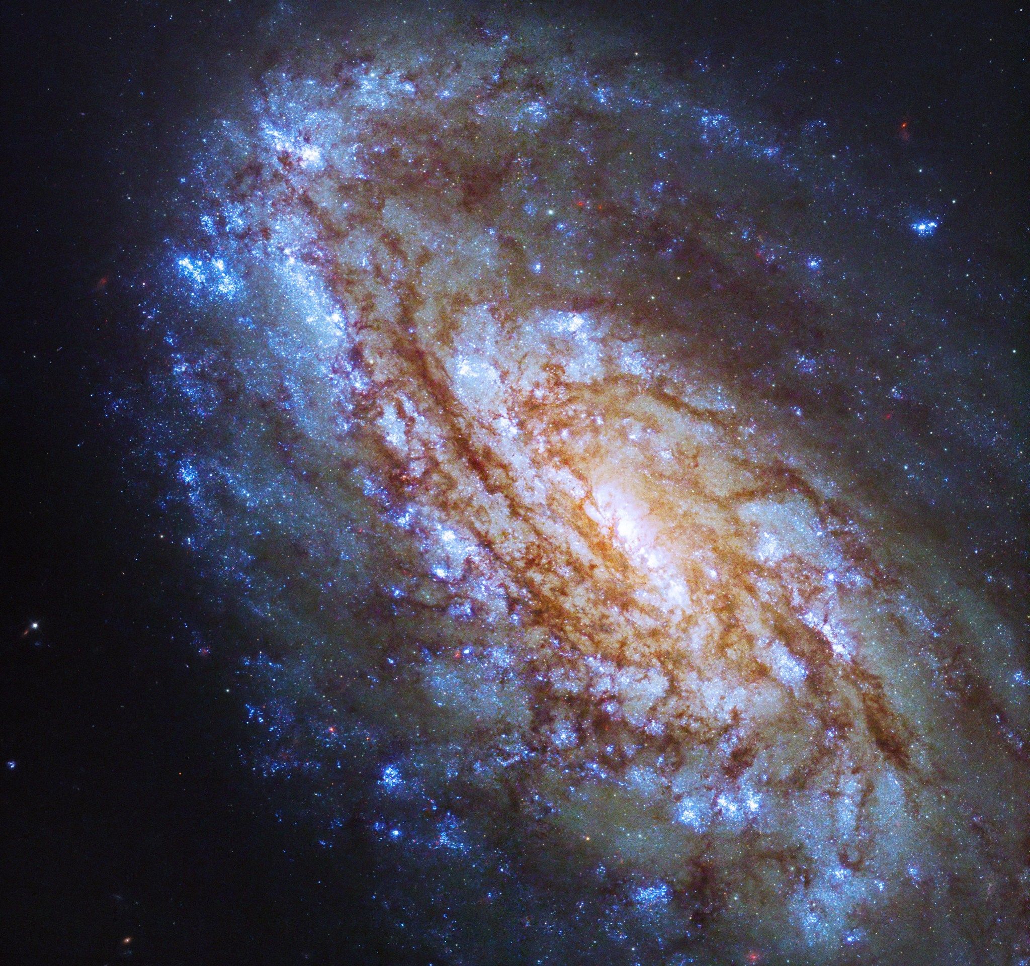 A bright spiral galaxy fills the frame from the lower-right to the upper-left. The galaxy is tilted toward us and holds bright blue-white stars and reddish-brown dust lanes that showcase its spiral nature.