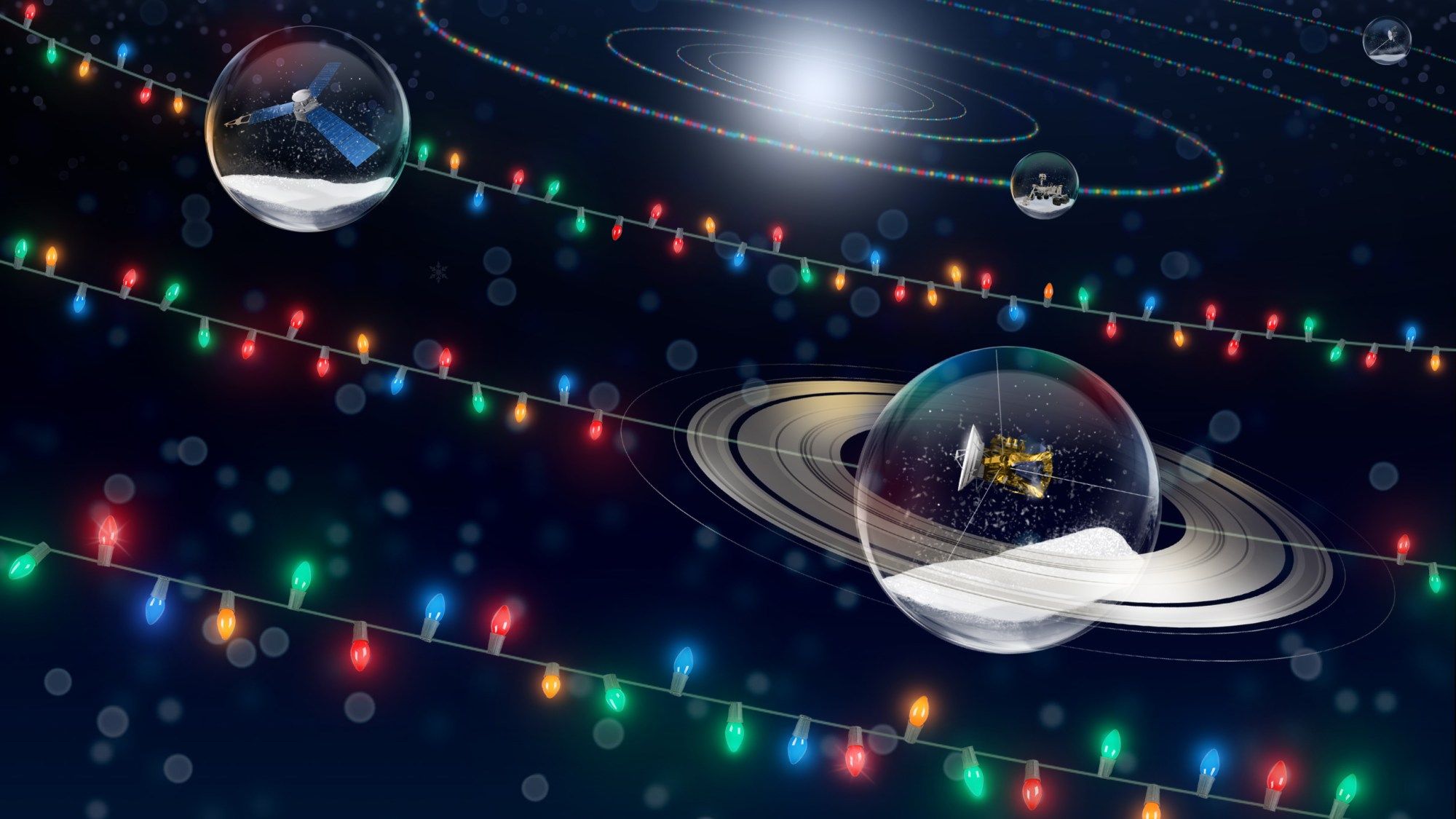 Illustration of holiday lights and spacecraft in snowglobes.