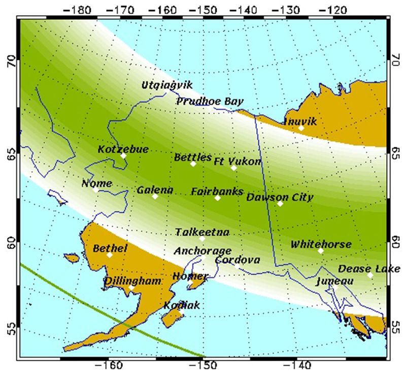 An auroral forecast map of Alaska.