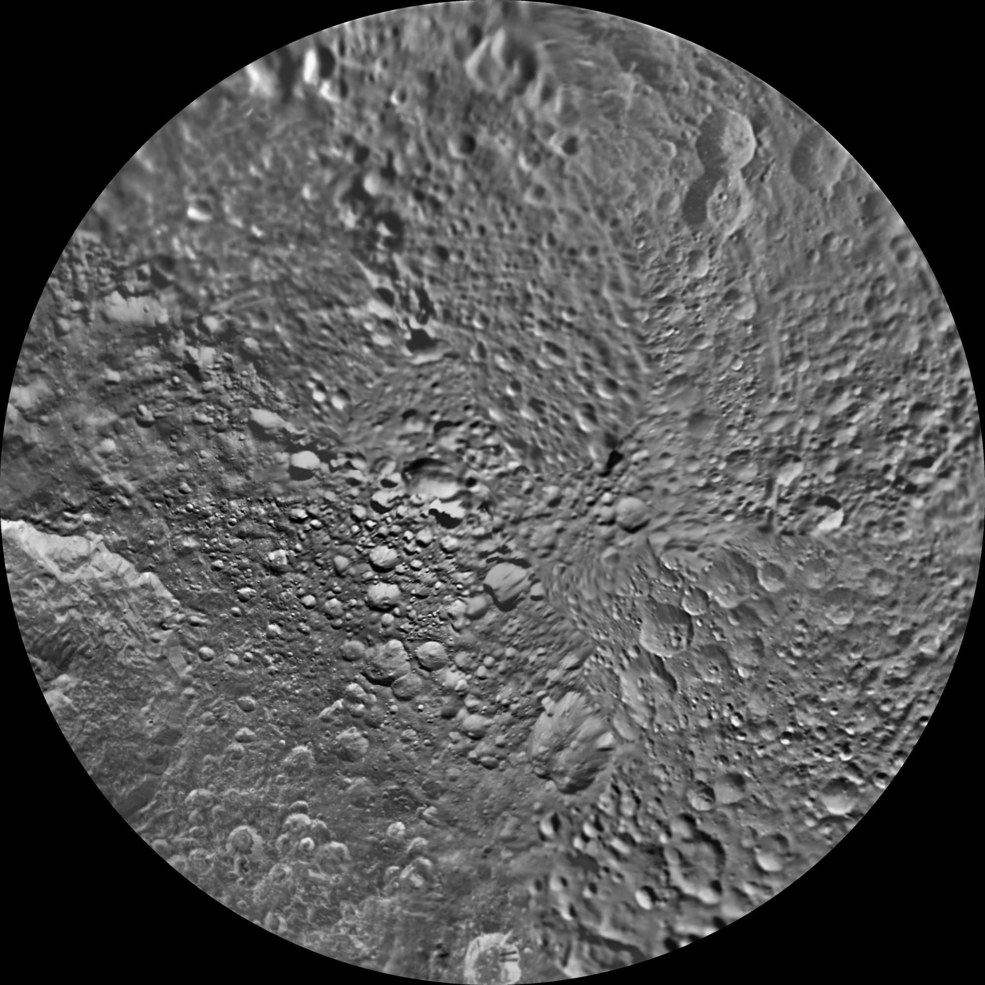 The southern hemisphere of Saturn's moon Mimas is seen in these polar stereographic maps, mosaicked from the best-available Cassini and Voyager images.