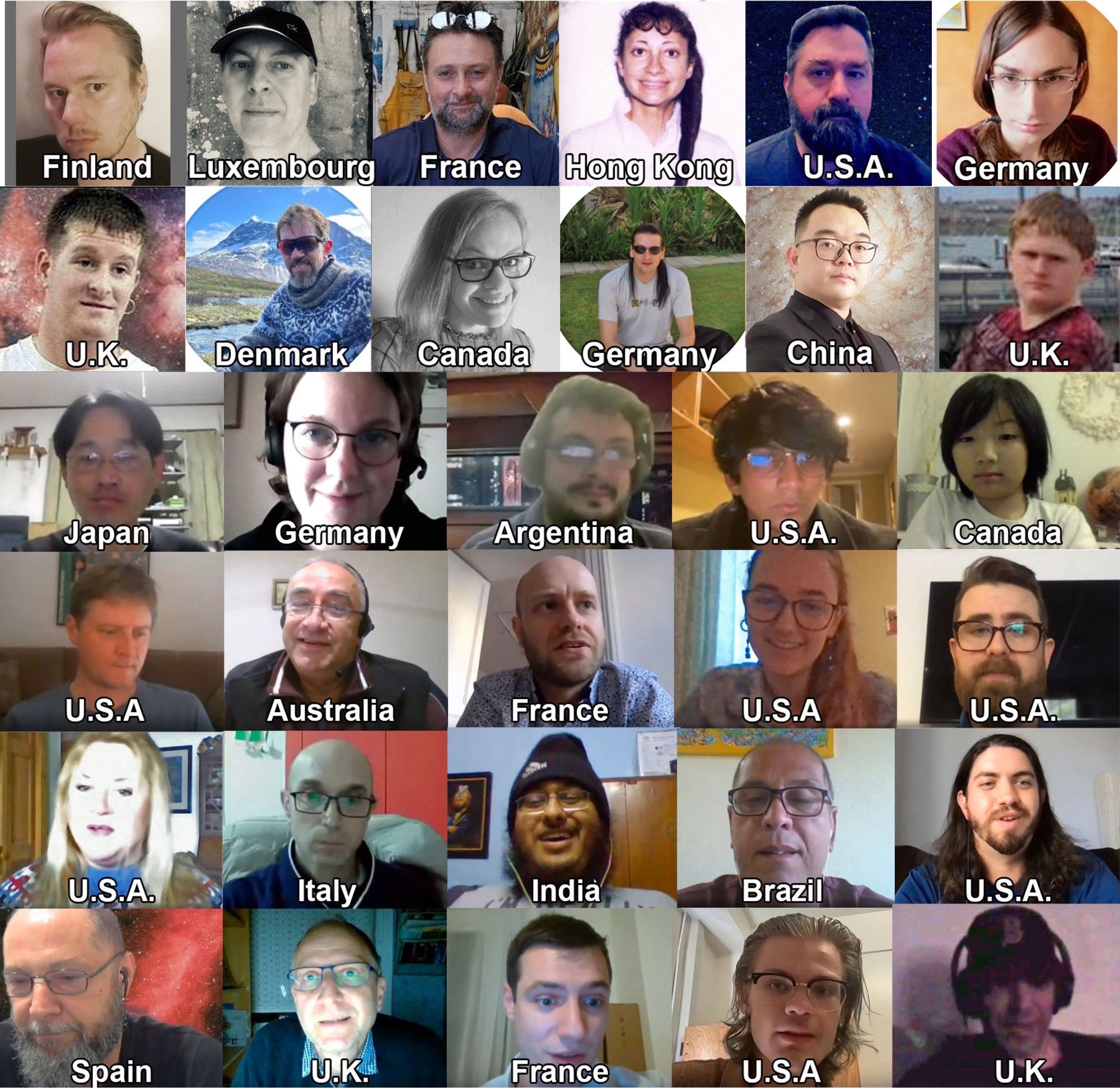 A photo collage of 42 faces from video conferencing software.