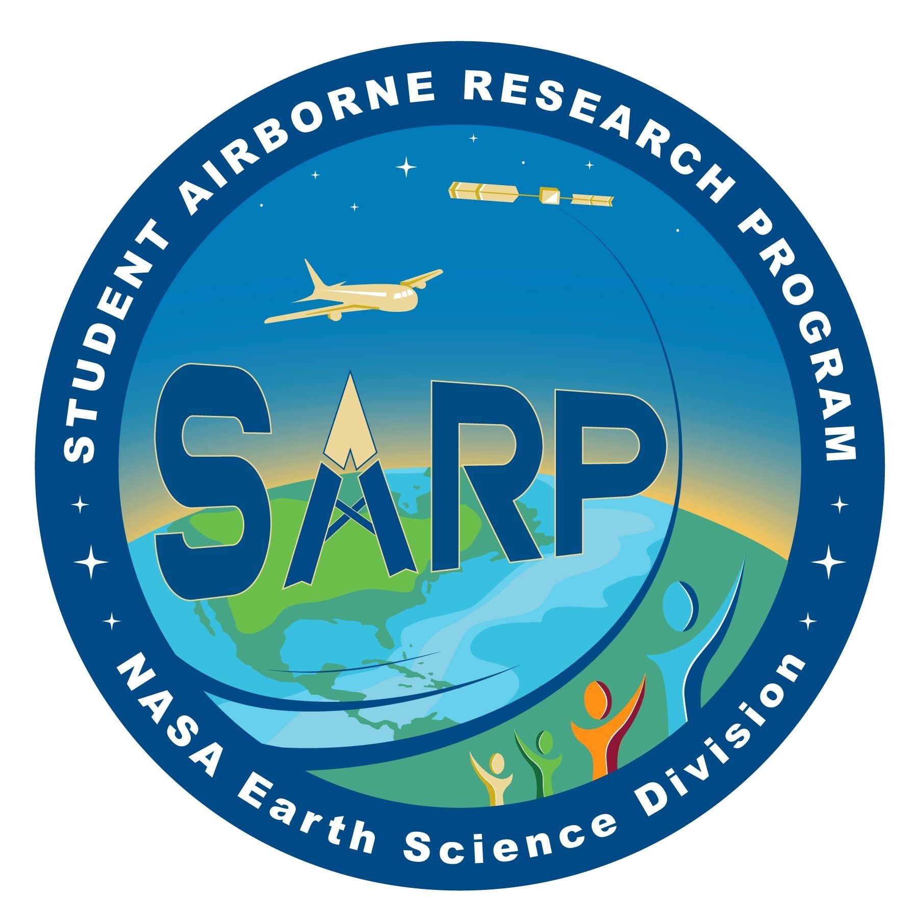 NASA SARP patch which include an aircraft flying over the US and collecting data. There is also a satellite in the distance. 4 figures are at the base of the image, indicating the lifecycle of the program - collection and use of field, airborne, and satellite data.