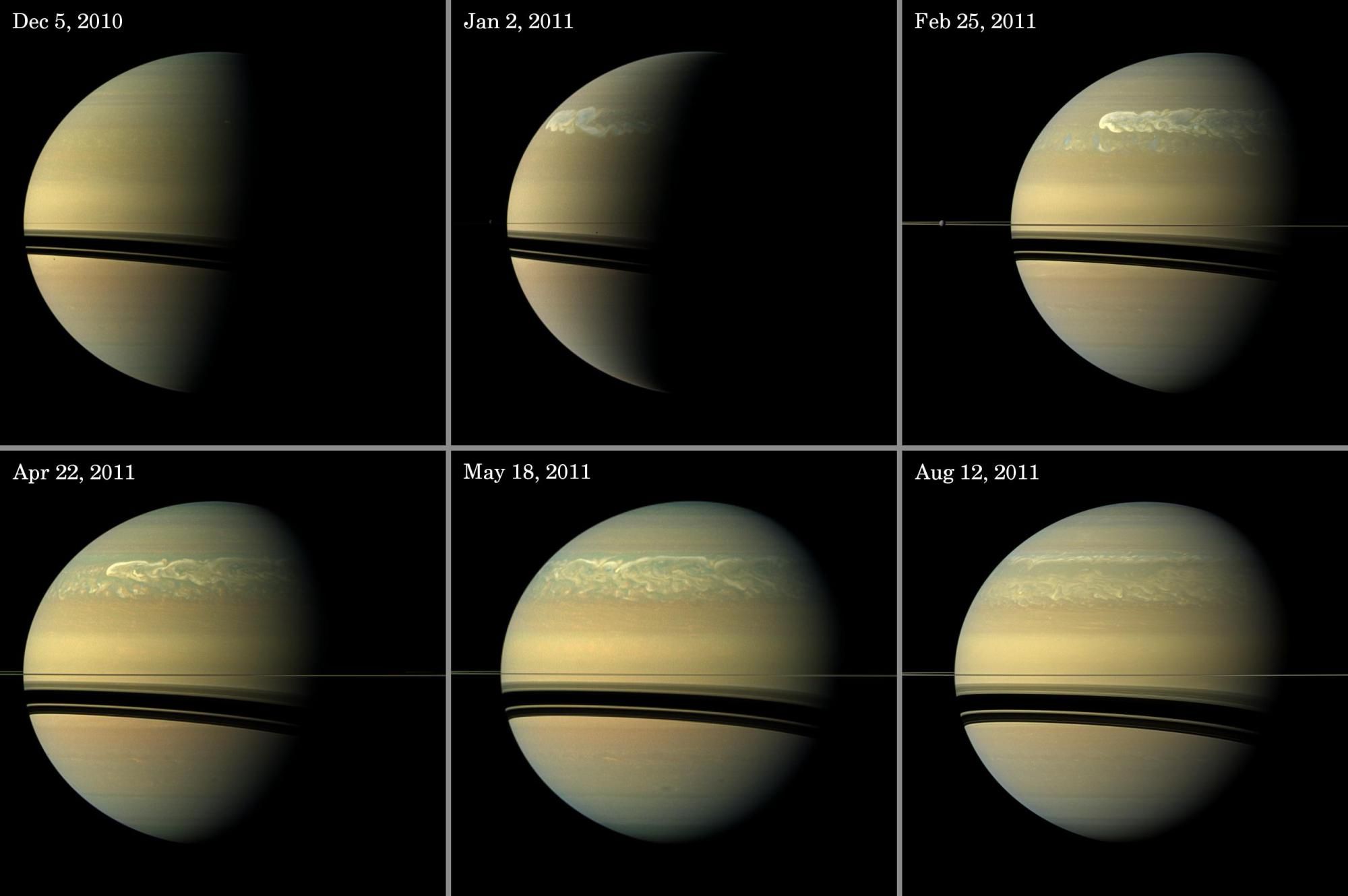 Un panel con tres imágenes de Saturno arriba y tres abajo.  El panel muestra las distintas etapas de una tormenta en el planeta amarillento y anillado.
