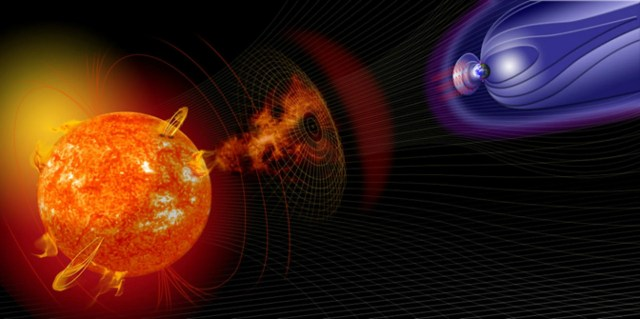 An artist's illustration of events on the sun changing the conditions in Near-Earth space.